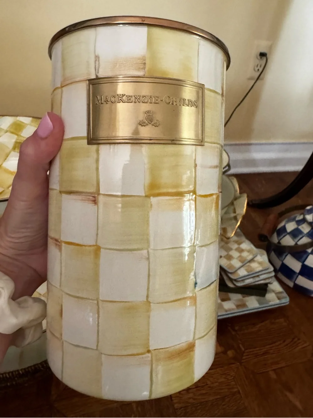 MacKenzie-Childs Yellow and Cream Check Ceramic Canister with Brass Plaque.